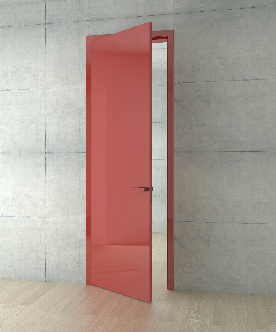 Interiérové dvere Millenium - pootvorené červené dvere na betónovej stene