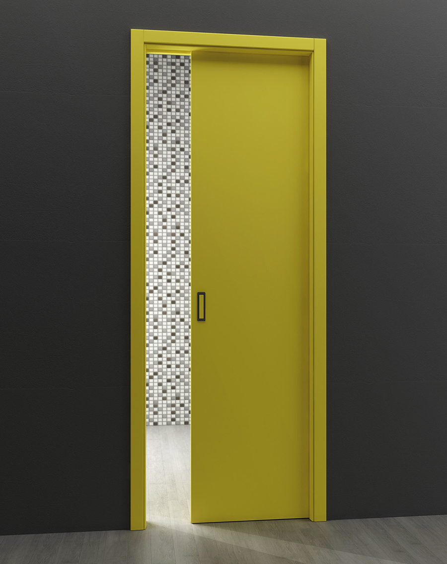 Interiérové dvere MILLENIUM POSUVNÉ - žlté posuvné dvere na tmavo hnedej stene