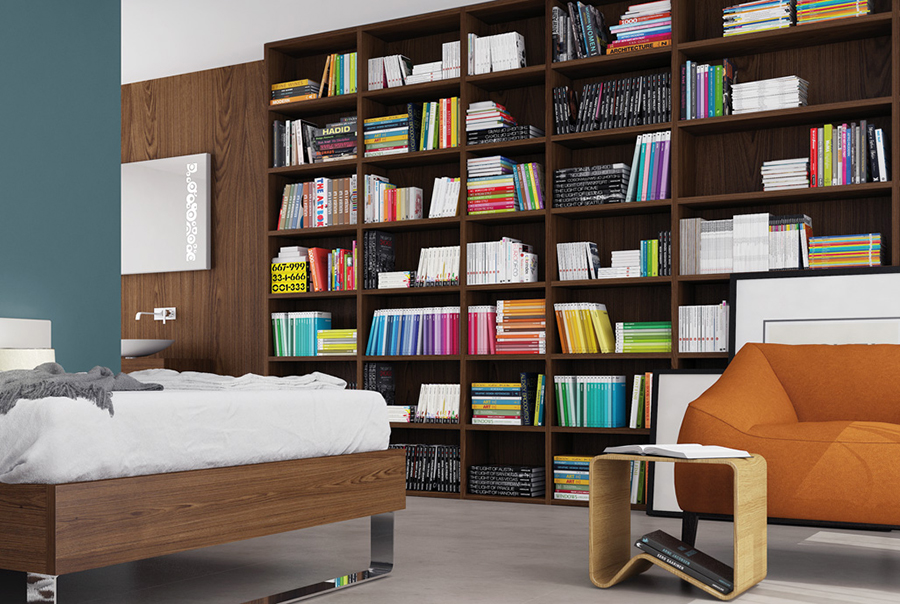 veľká drevená knižnicová stena v spálni