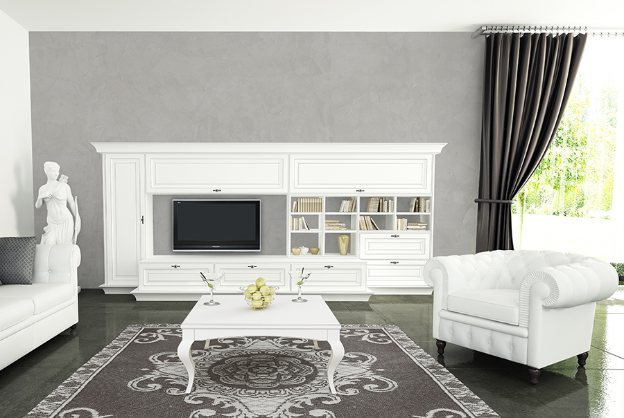 obývačka na mieru ako rustikálny nábytok lak: biela, vysoký lesk