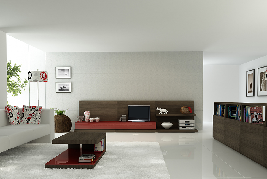 hnedá obývačková stena doplnená o červené skrinky a drevený stolík pred bielou sedačkou