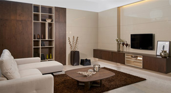 moderná obývačka na mieru dýha dub rustikal hnedý a lak champagne lesk náhľad