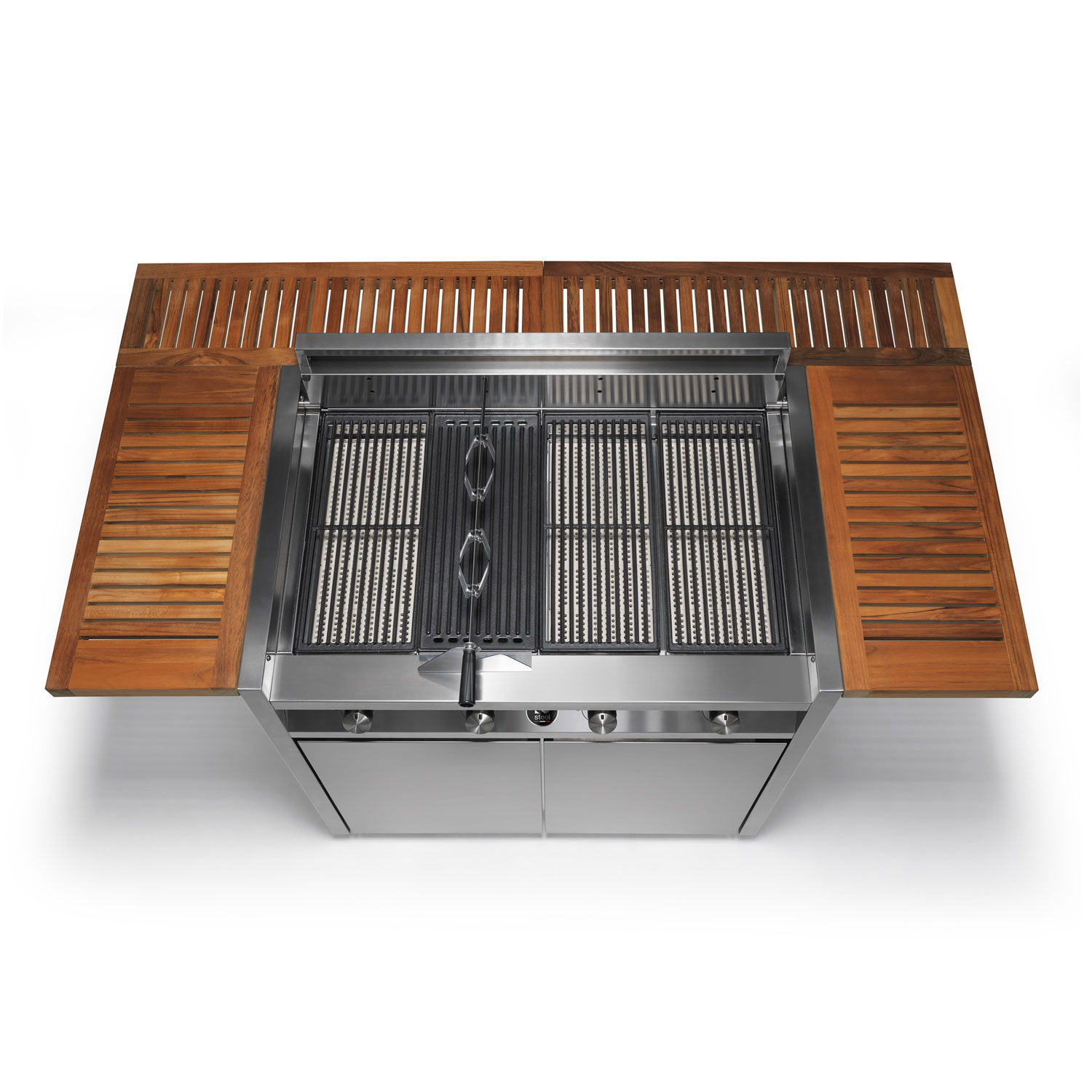 nerezový gril na plyn s drevom okolo