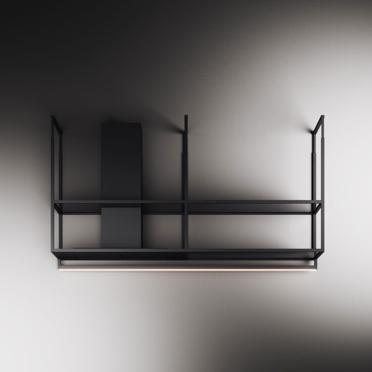 čierny odsávač s policami a konstrukciou