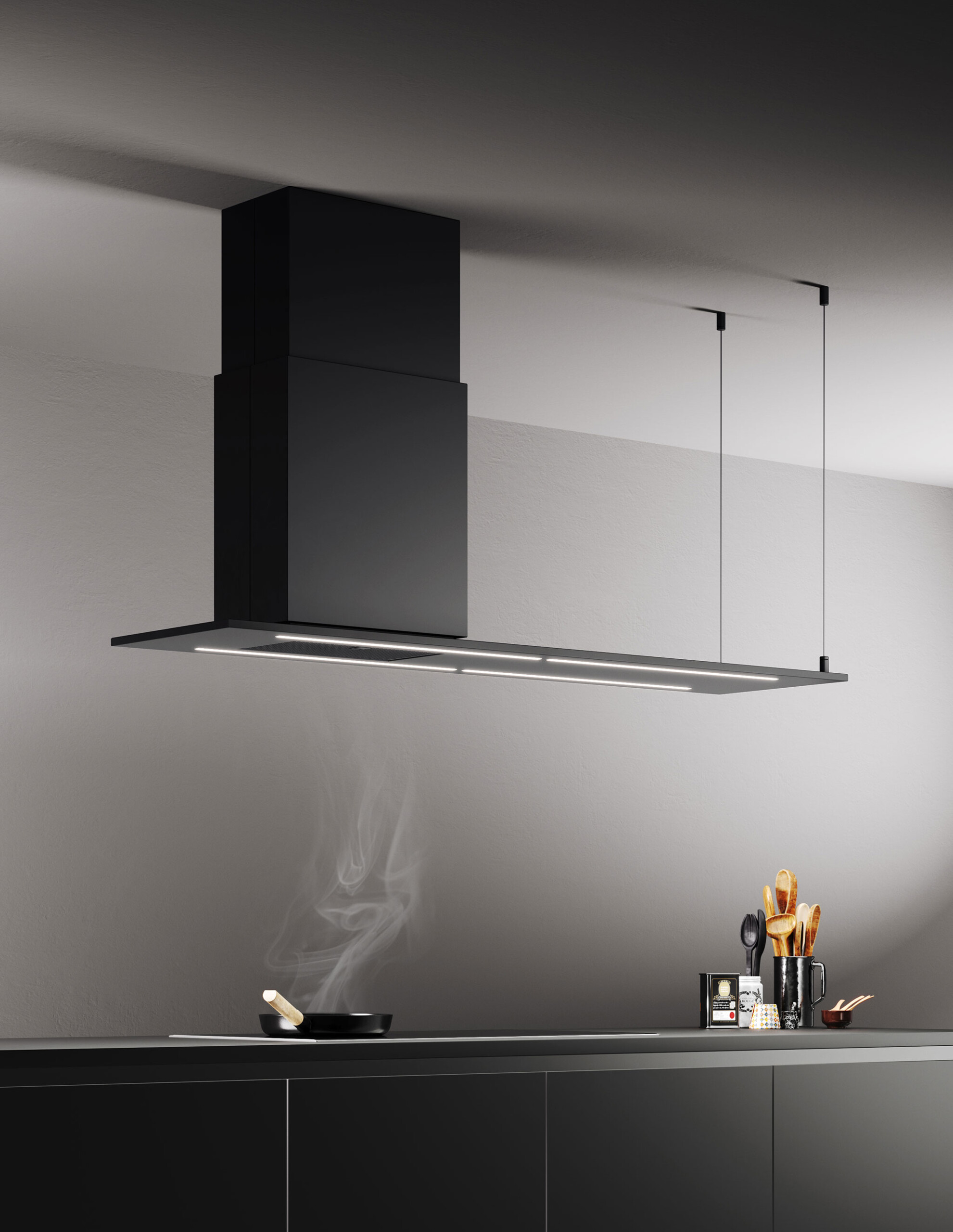 čierny ostrovný digestor bootie plus island s led pásmi