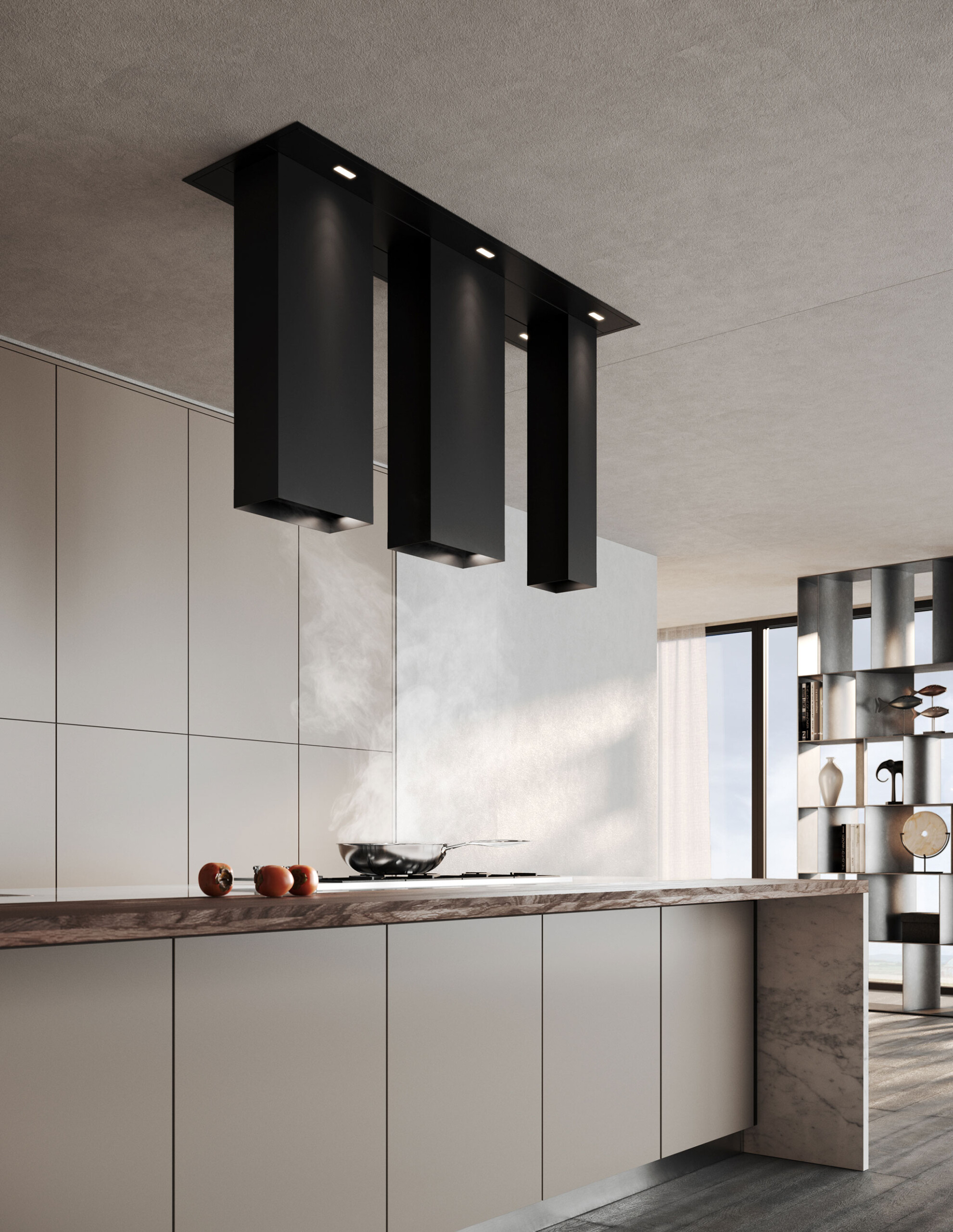 čierny digestor s tromi komínmi nad strov_model grus