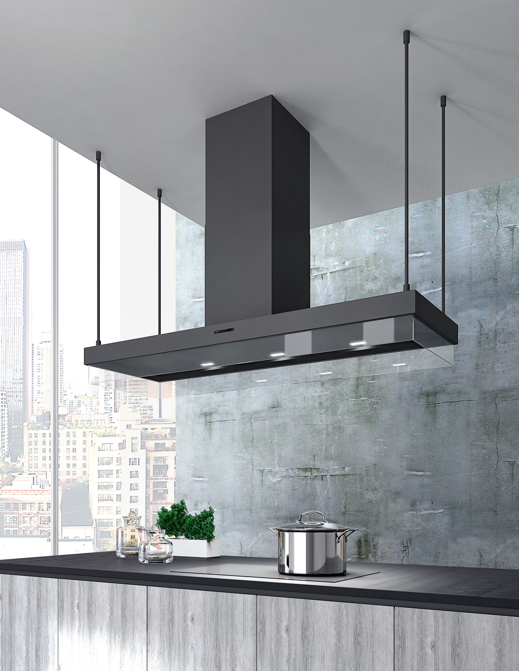 moderný čierny priestorový digestor pavo