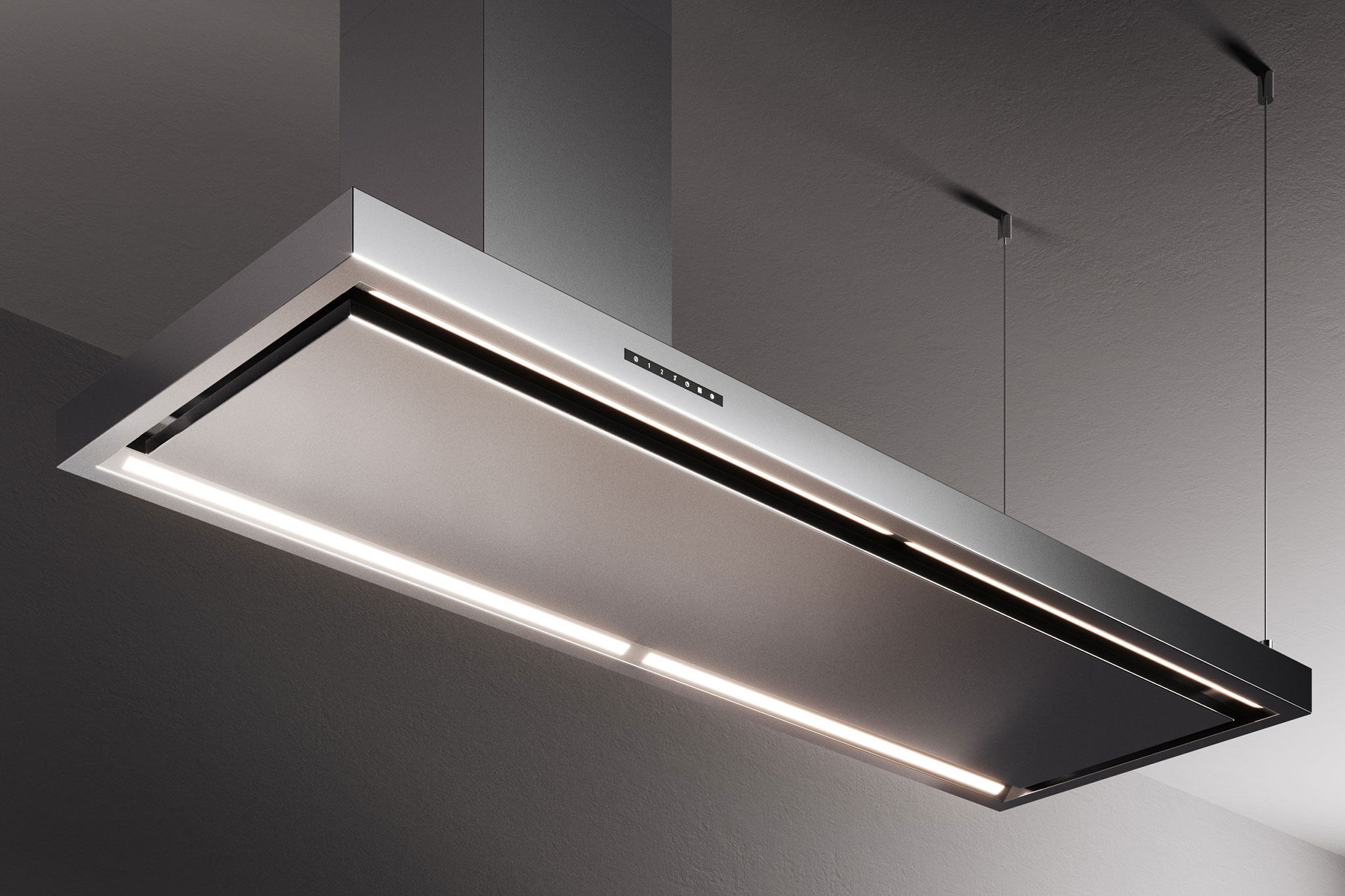 hranatý nerezový digestor nad ostrov_ model pyxis plus island