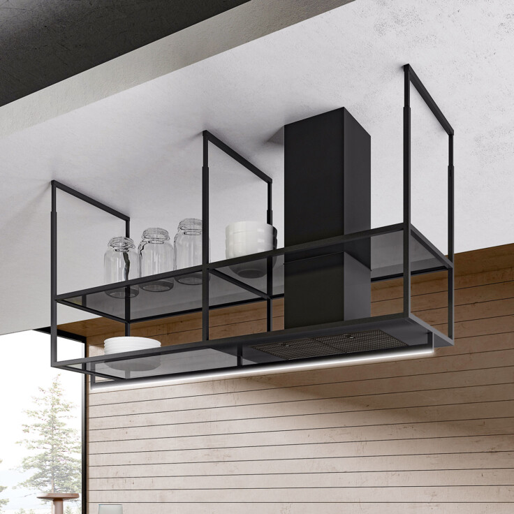 čierny ostrovný digestor so sklenenými policami model Ofiuco