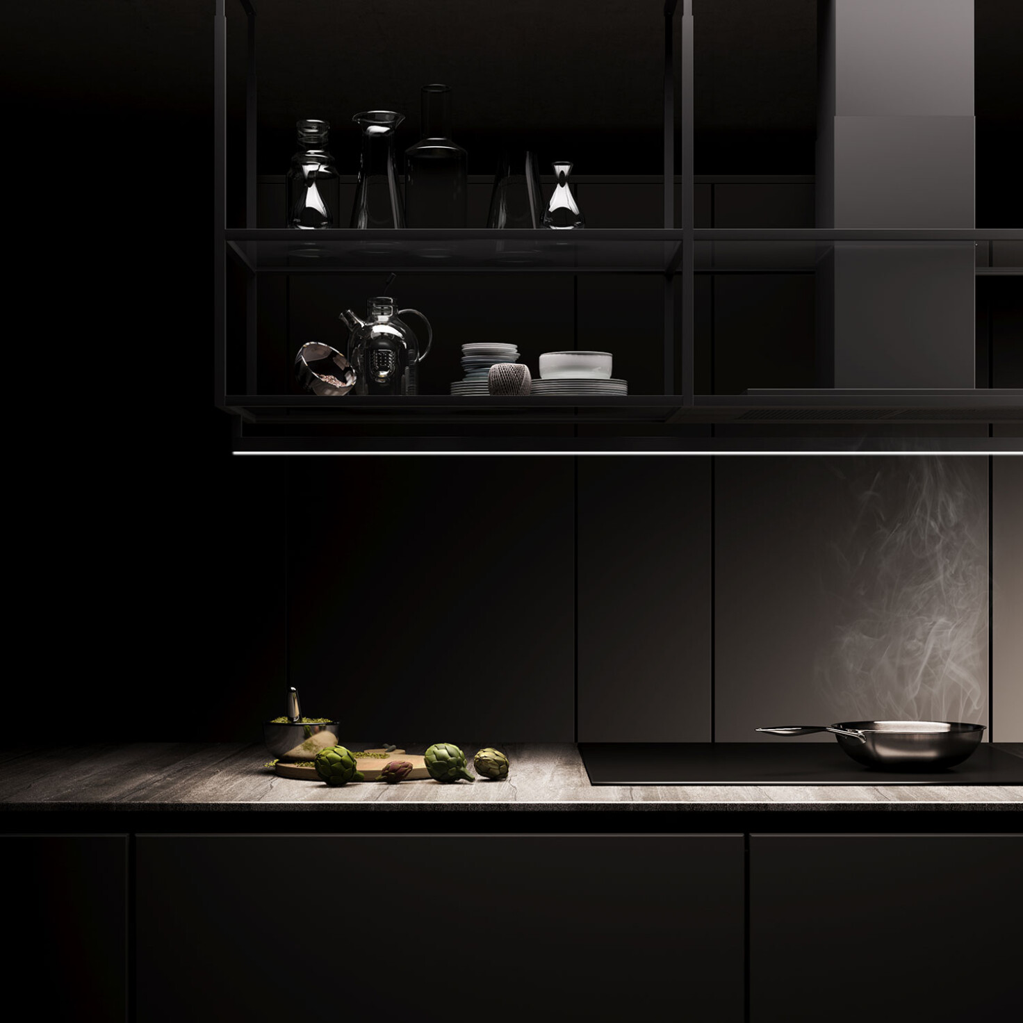 čierny ostrovný digestor so sklenenými policami model Ofiuco