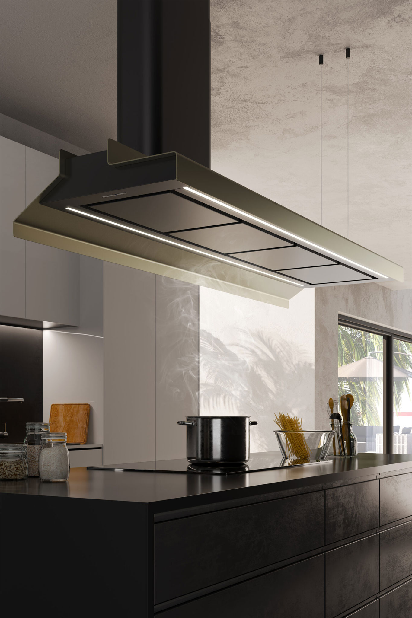 tmavý digestor so zlatým rámom model PLEAT