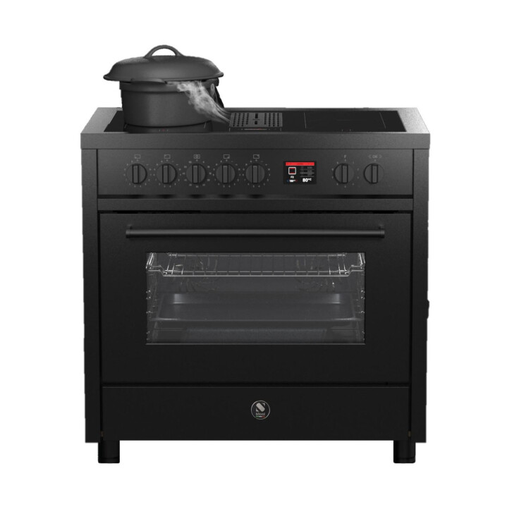 sporák s digestorom v čiernej farbe_model enfasi all black mistral 90 cm