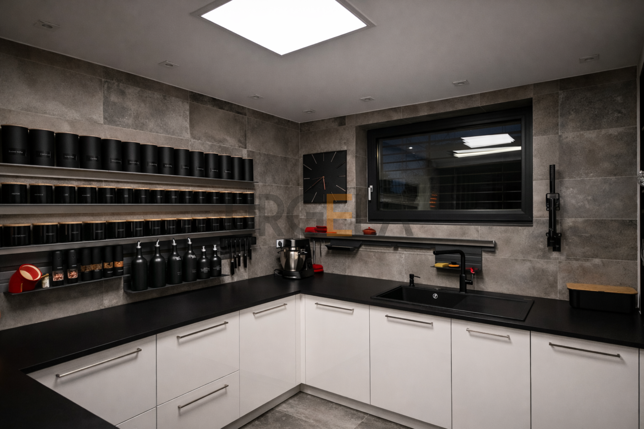 moderna biela lakovana kuchyna na mieru_ cierna pracovna doska_stropny LED digestor