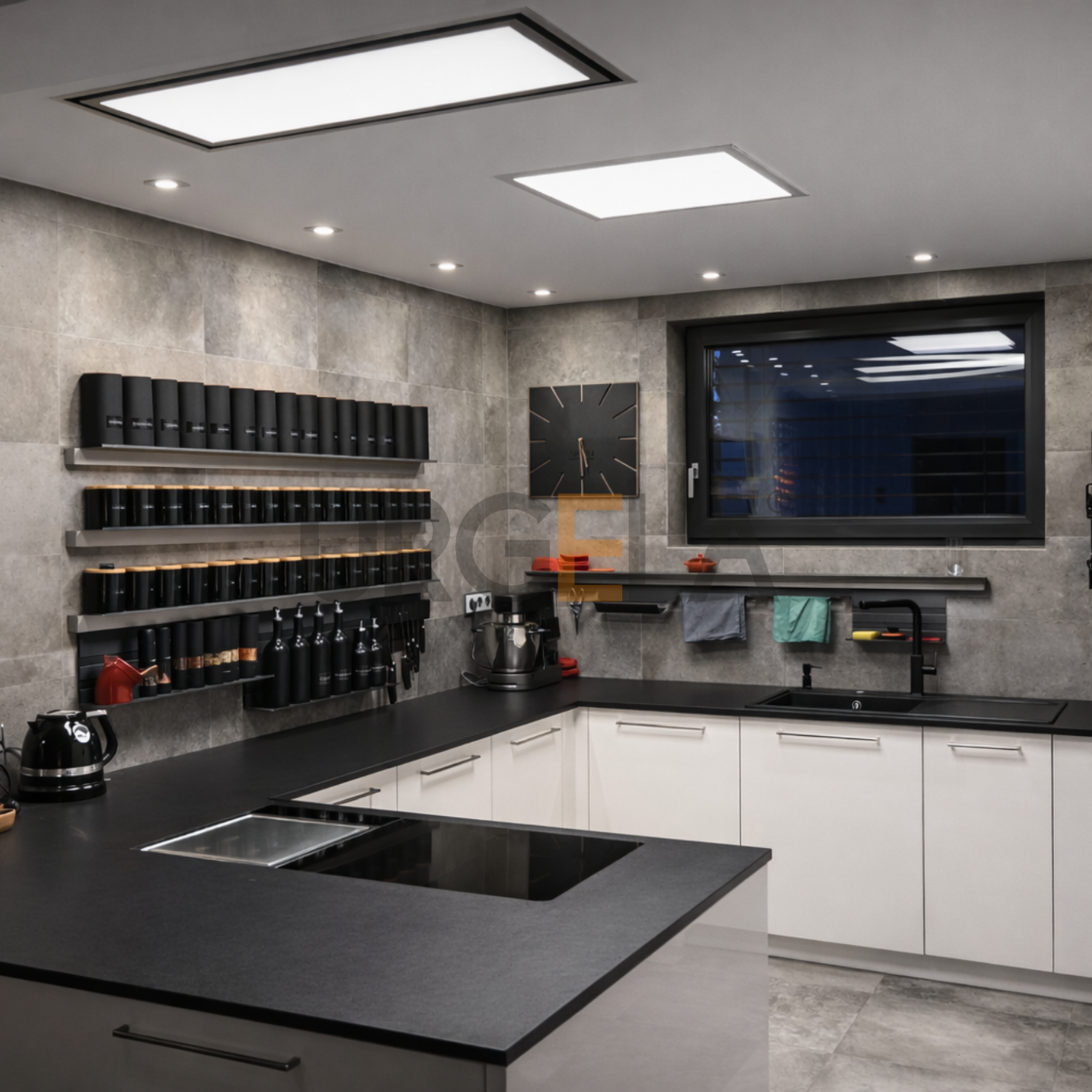 moderna biela lakovana kuchyna na mieru_ cierna pracovna doska_stropny LED digestor