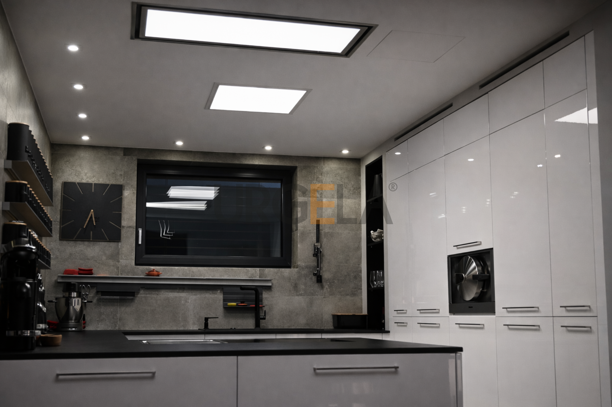 moderna biela lakovana kuchyna na mieru_ cierna pracovna doska_stropny LED digestor