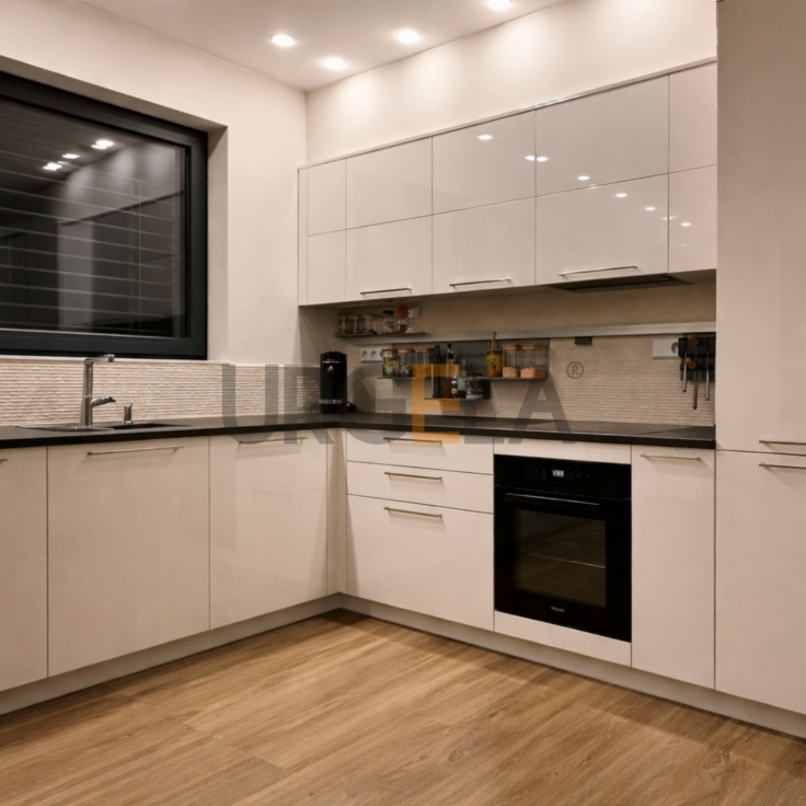 moderna biela lakovana kuchyna na mieru_tmavá kamenna pracovna doska na mieru